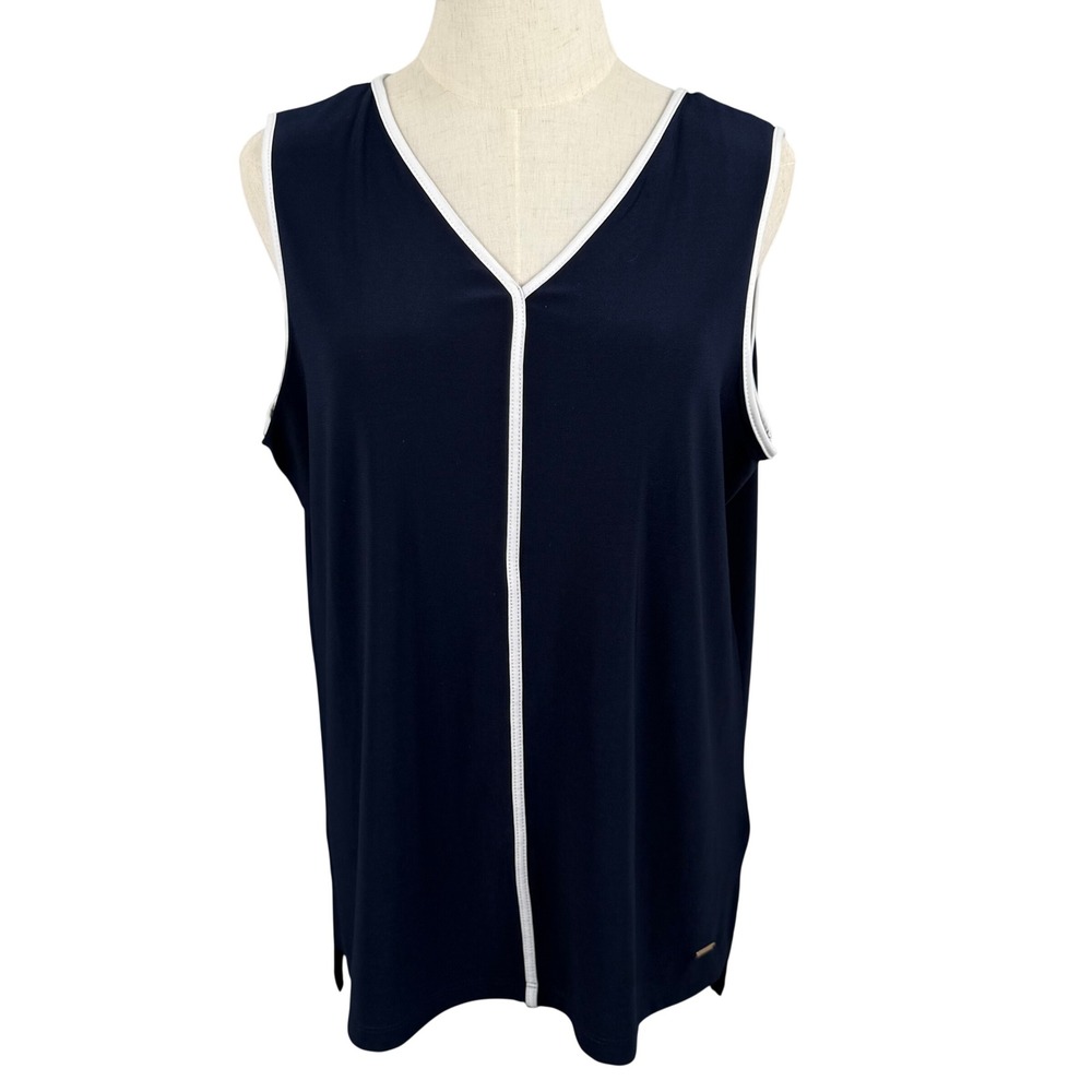 Anne Klein Large Tank Top Navy Blue White Piping V Neck Career Chic Quiet Luxury